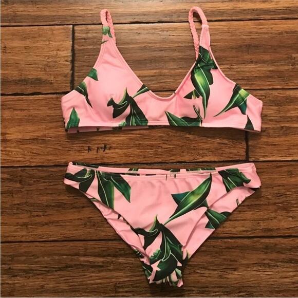 Pink Women’s Bikini Leaf Print Braided Detail Swimsuit Size L - Picture 4 of 4